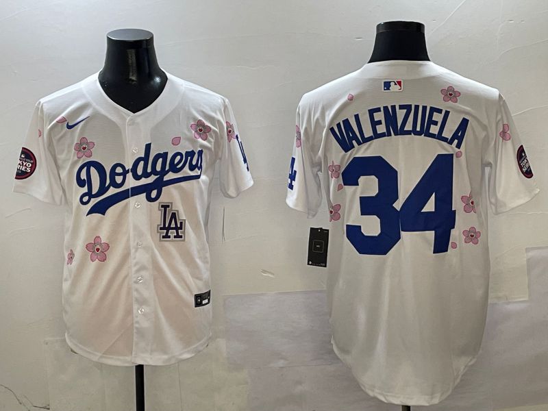 Men Los Angeles Dodgers #34 Valenzuela White Sakura Edition 2025 Nike MLB Jersey style 10